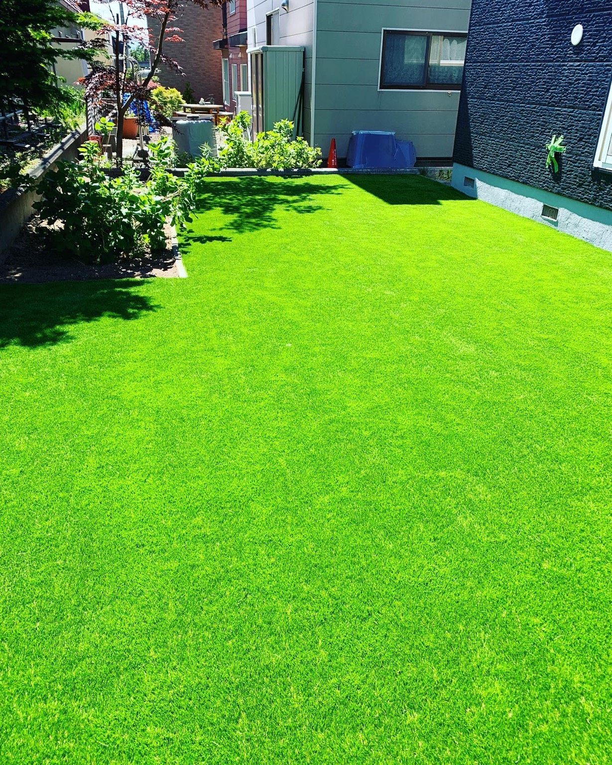 同じ住宅のお庭の施工後。人工芝を敷いた緑の庭